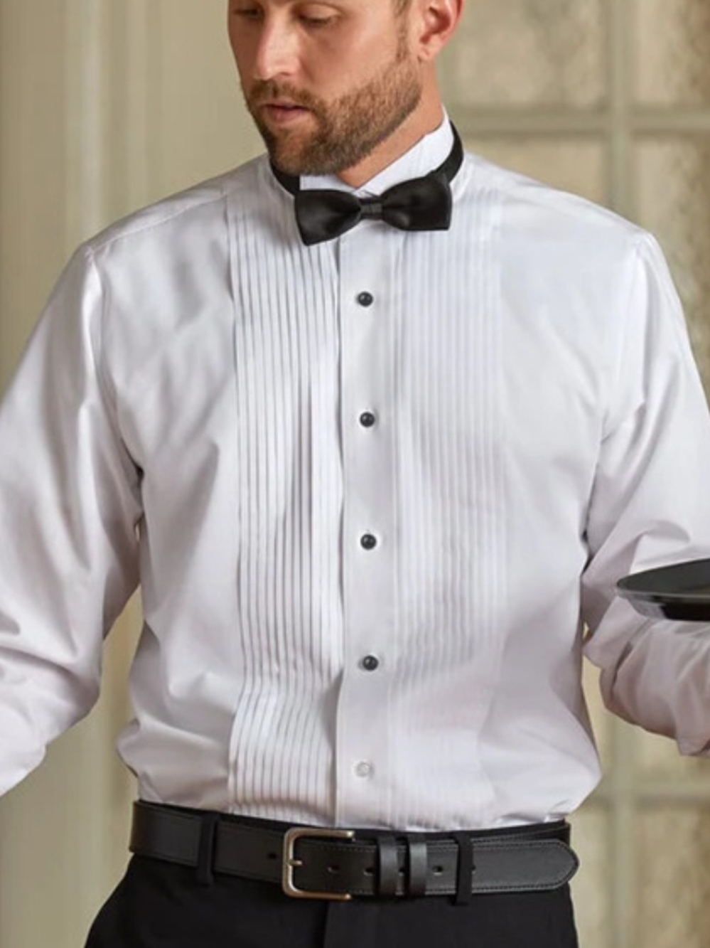 Martino Collection Men's White Pleated Front Tuxedo Shirt Wing Collar & Bow Tie